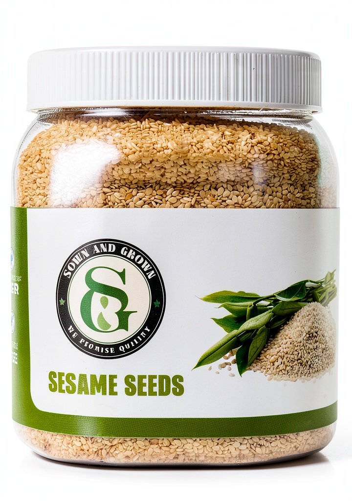 Sown and Grown White Hulled Sesame Seeds 20oz Nutrient Rich Free bag displayed on a kitchen countertop